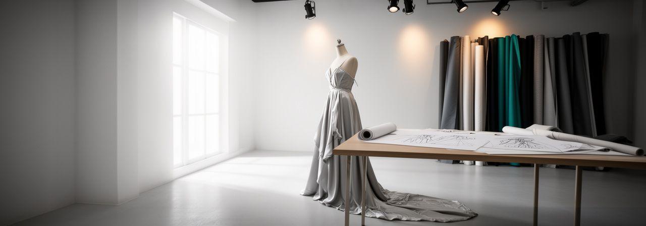 Luxury fashion atelier interior with silk fabrics and designer sketches