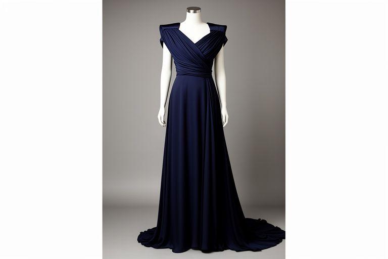 Midnight silk crepe evening gown with structured shoulders