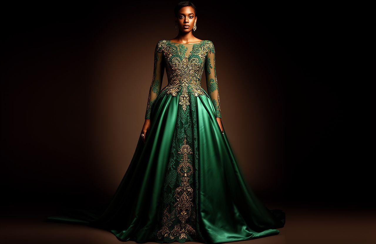 Stunning emerald green bespoke evening gown with intricate lace details