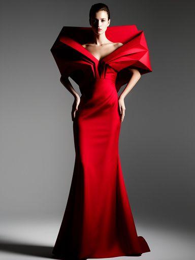 Red sculptural evening gown with architectural neckline